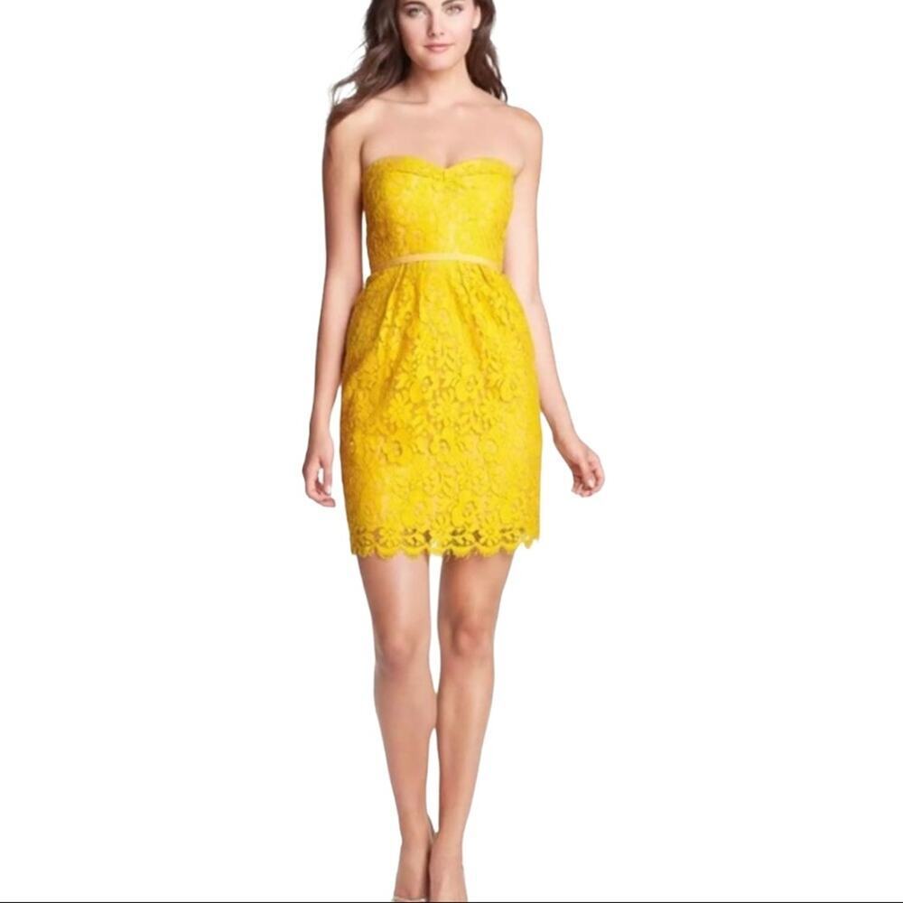 Jenny Yoo Collection “Hudson” Yellow lace strapless Cocktail Floral Dress Size 6